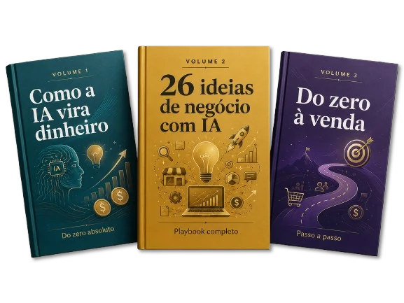 Os três volumes da trilogia Negócios com IA: Como a IA vira dinheiro, 26 ideias de negócio com IA e Do zero à venda